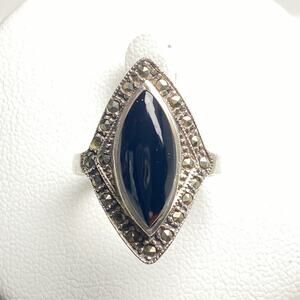 Sterling Silver Marcasite Black Onyx Art Deco Style Ring 925 Size 5.5